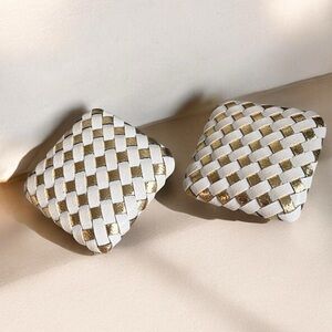 Vintage 90s Avon Woven Diamond Statement Earrings Gold White Geometric Studs NIB